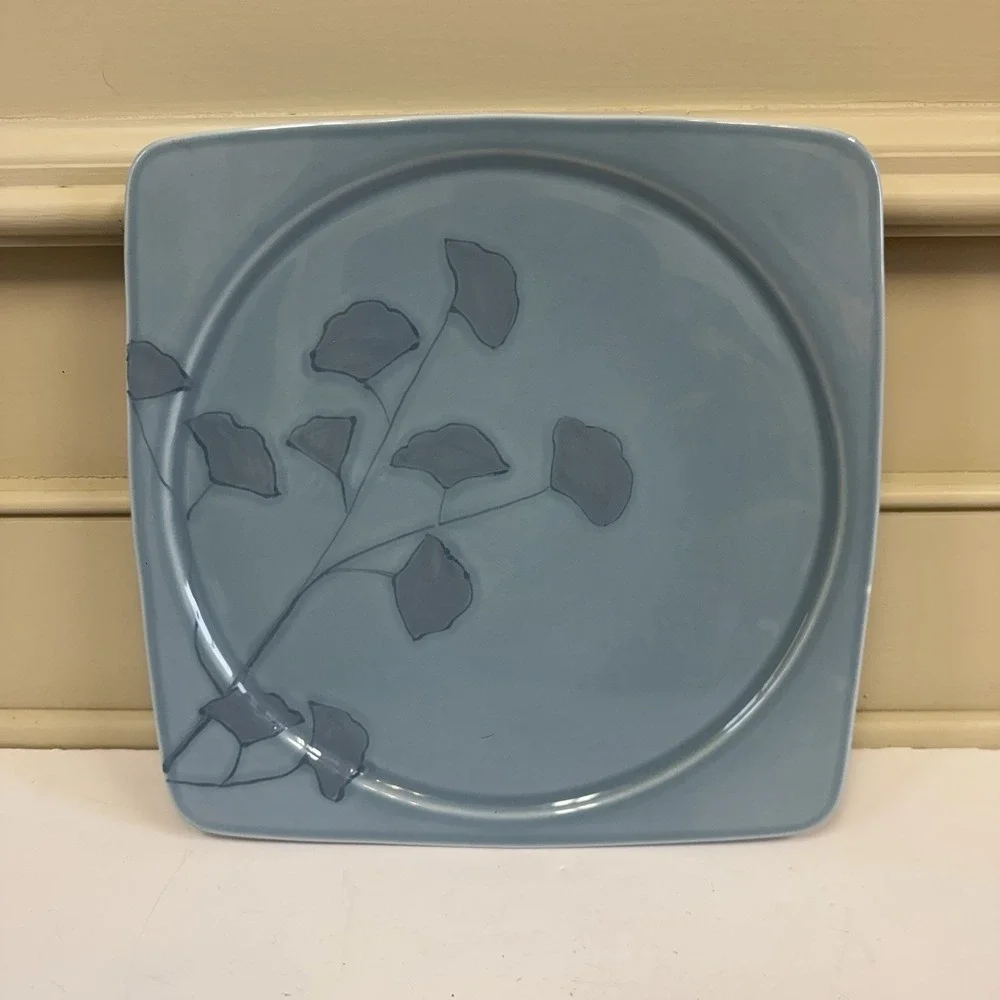Pier 1 Square Earthenware Gingko Serving Platter Blue Flower Leaves Portugal 12